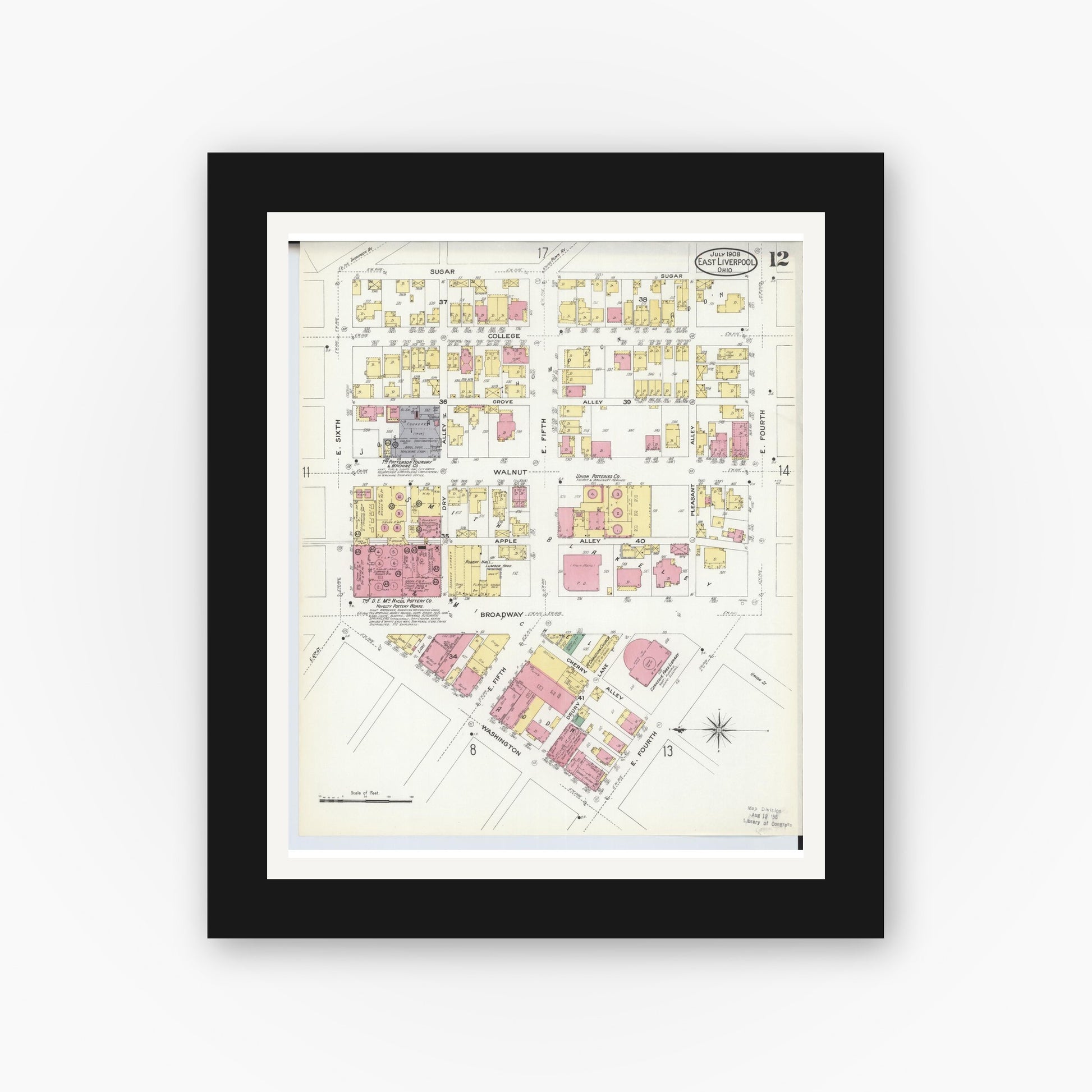 Old map wall art mockup — black gallery frame with white mat — Sanborn Fire Insurance Map from East Liverpool, Columbiana County, Ohio (1908), Sheet #0012