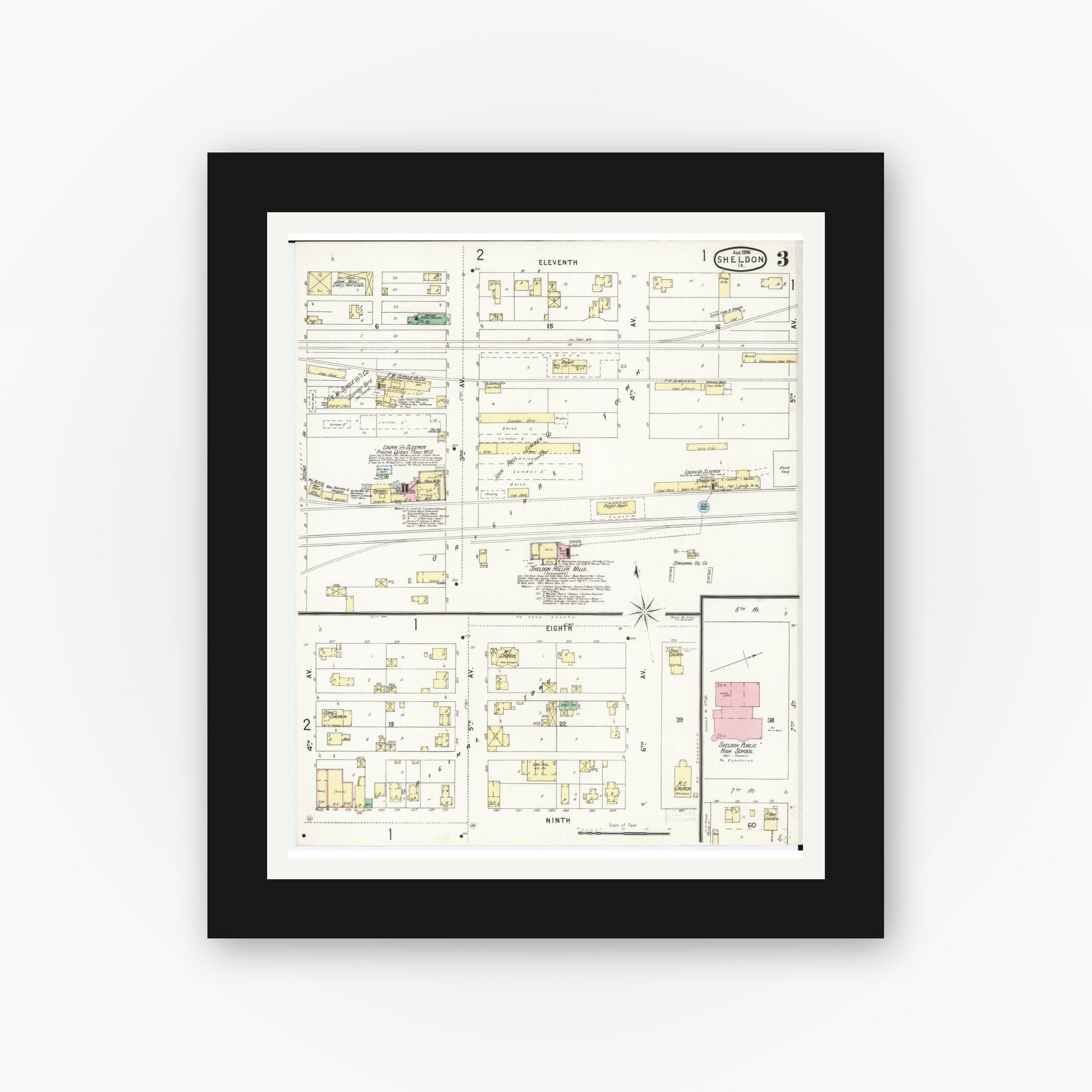 Old map wall art mockup — black gallery frame with white mat — Sanborn Fire Insurance Map from Sheldon, O'Brien County, Iowa (1896), Sheet #0003