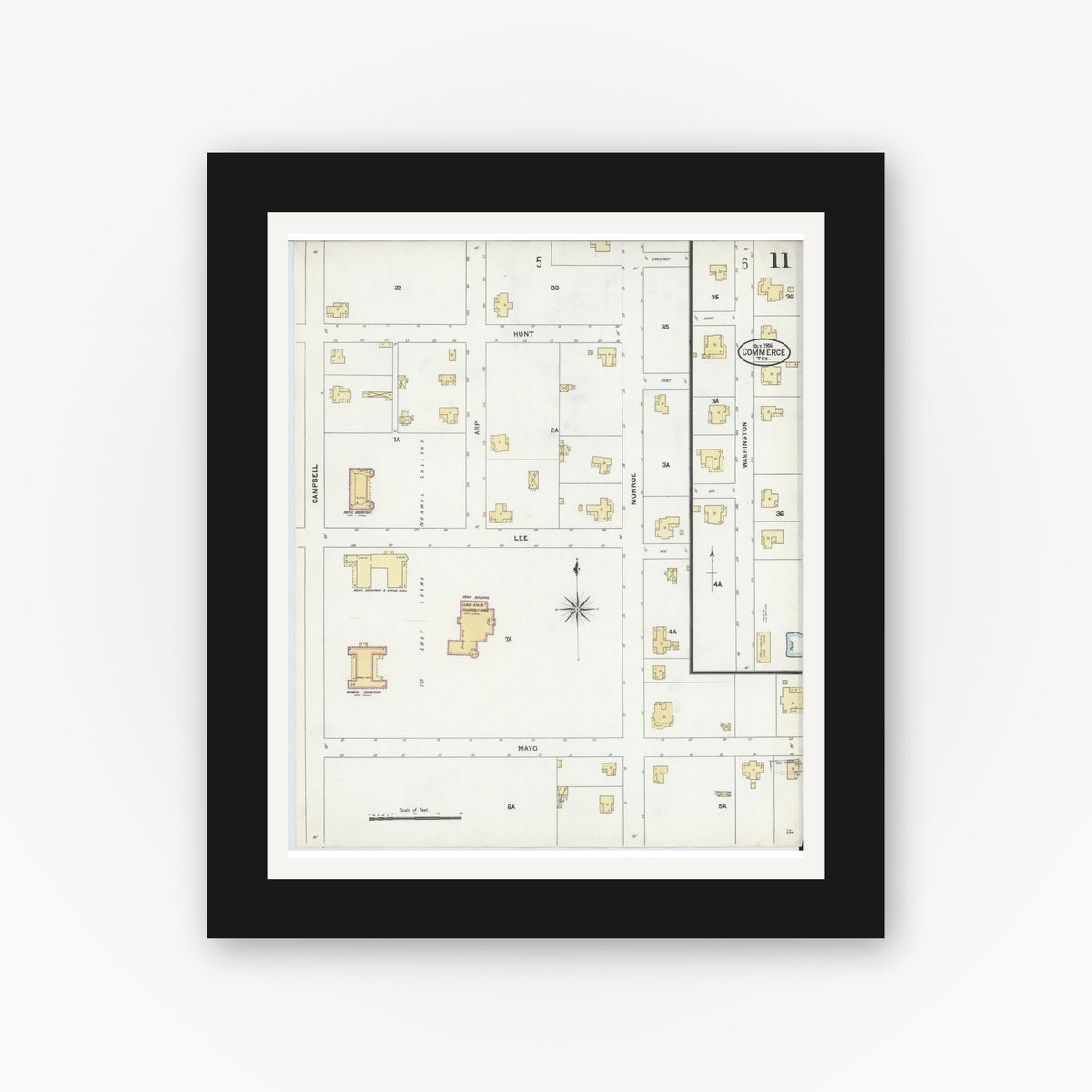 Old map wall art mockup — black gallery frame with white mat — Sanborn Fire Insurance Map from Commerce, Hunt County, Texas (1906), Sheet #0011