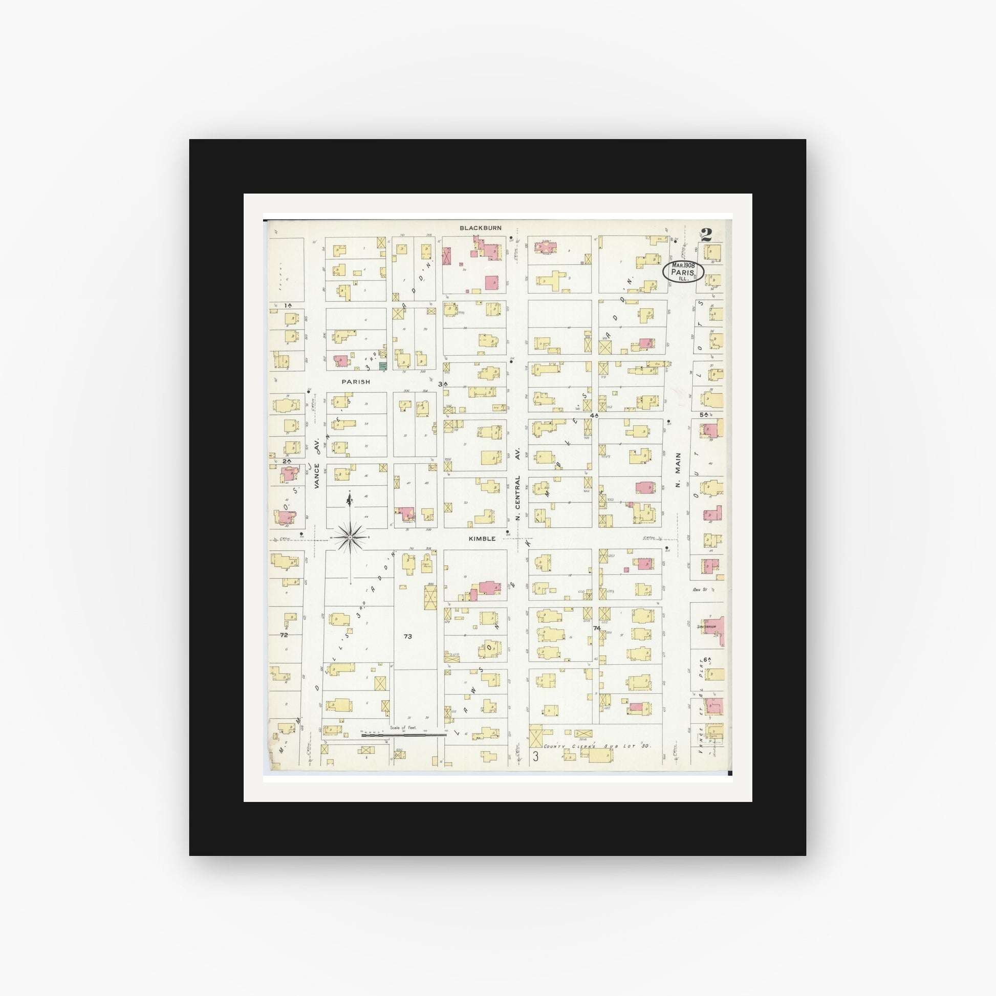 Old map wall art mockup — black gallery frame with white mat — Sanborn Fire Insurance Map from Paris, Edgar County, Illinois (1908), Sheet #0002