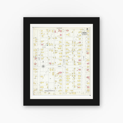 Old map wall art mockup — black gallery frame with white mat — Sanborn Fire Insurance Map from Paris, Edgar County, Illinois (1908), Sheet #0002