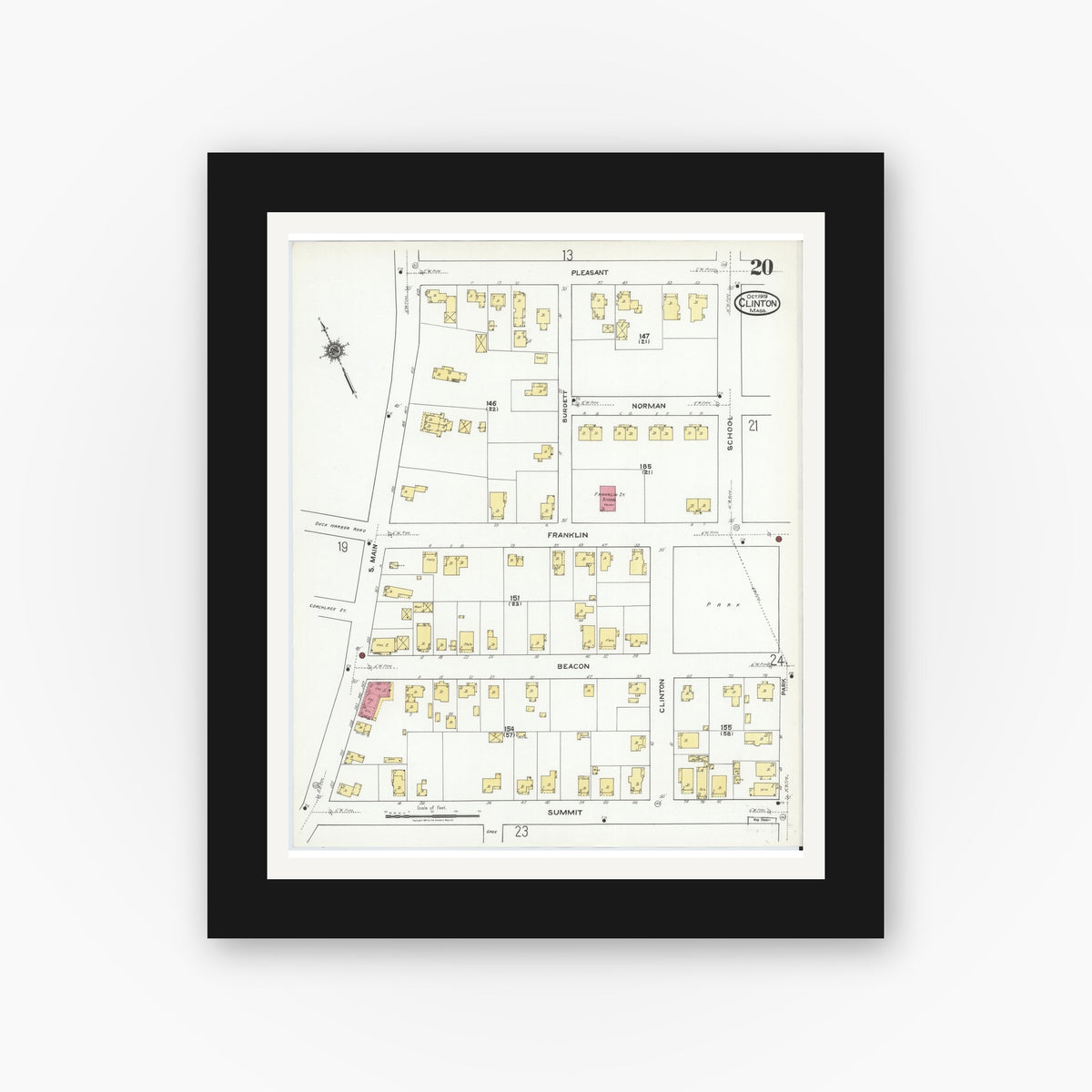 Old map wall art mockup — black gallery frame with white mat — Sanborn Fire Insurance Map from Clinton, Worcester County, Massachusetts (1919), Sheet #0020