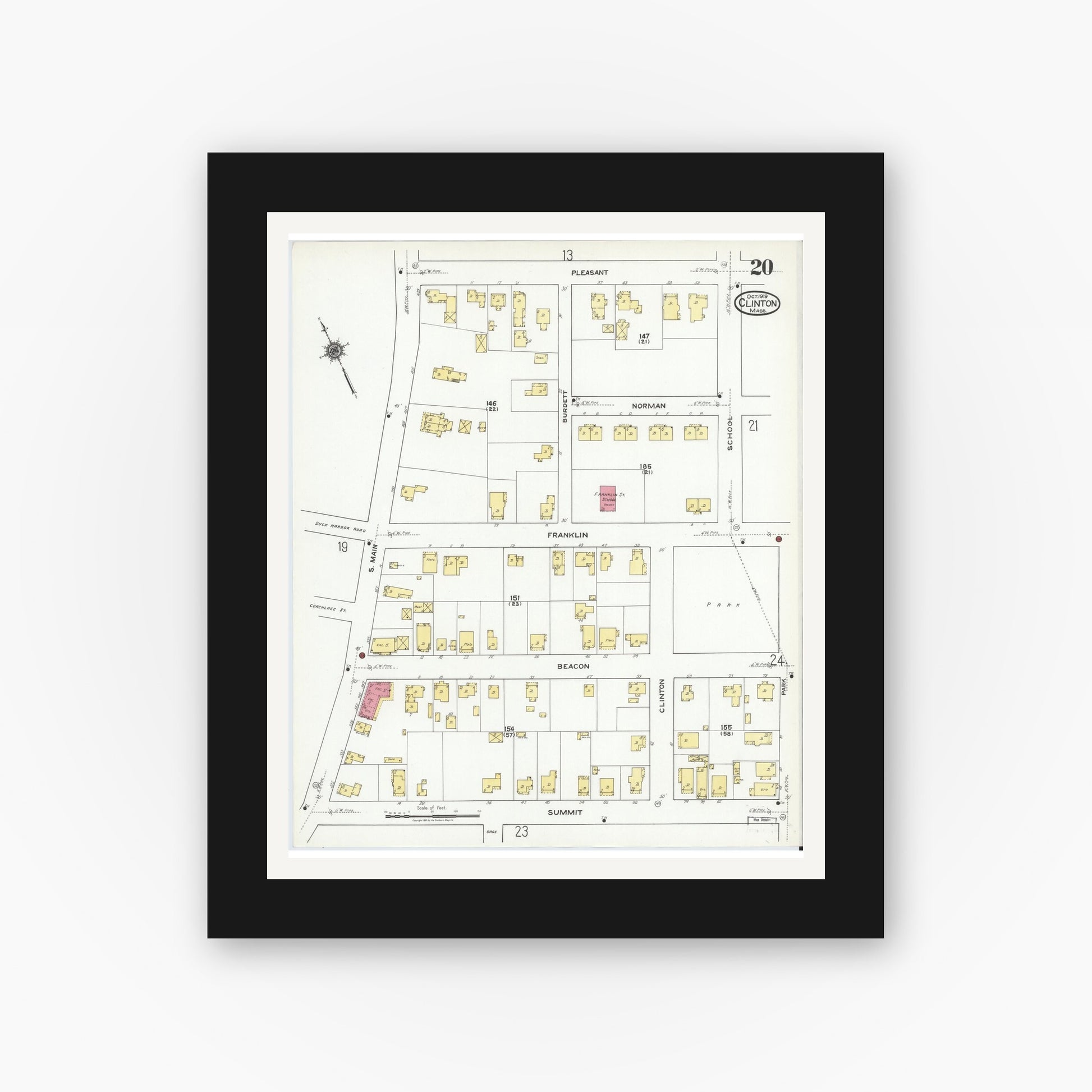 Old map wall art mockup — black gallery frame with white mat — Sanborn Fire Insurance Map from Clinton, Worcester County, Massachusetts (1919), Sheet #0020
