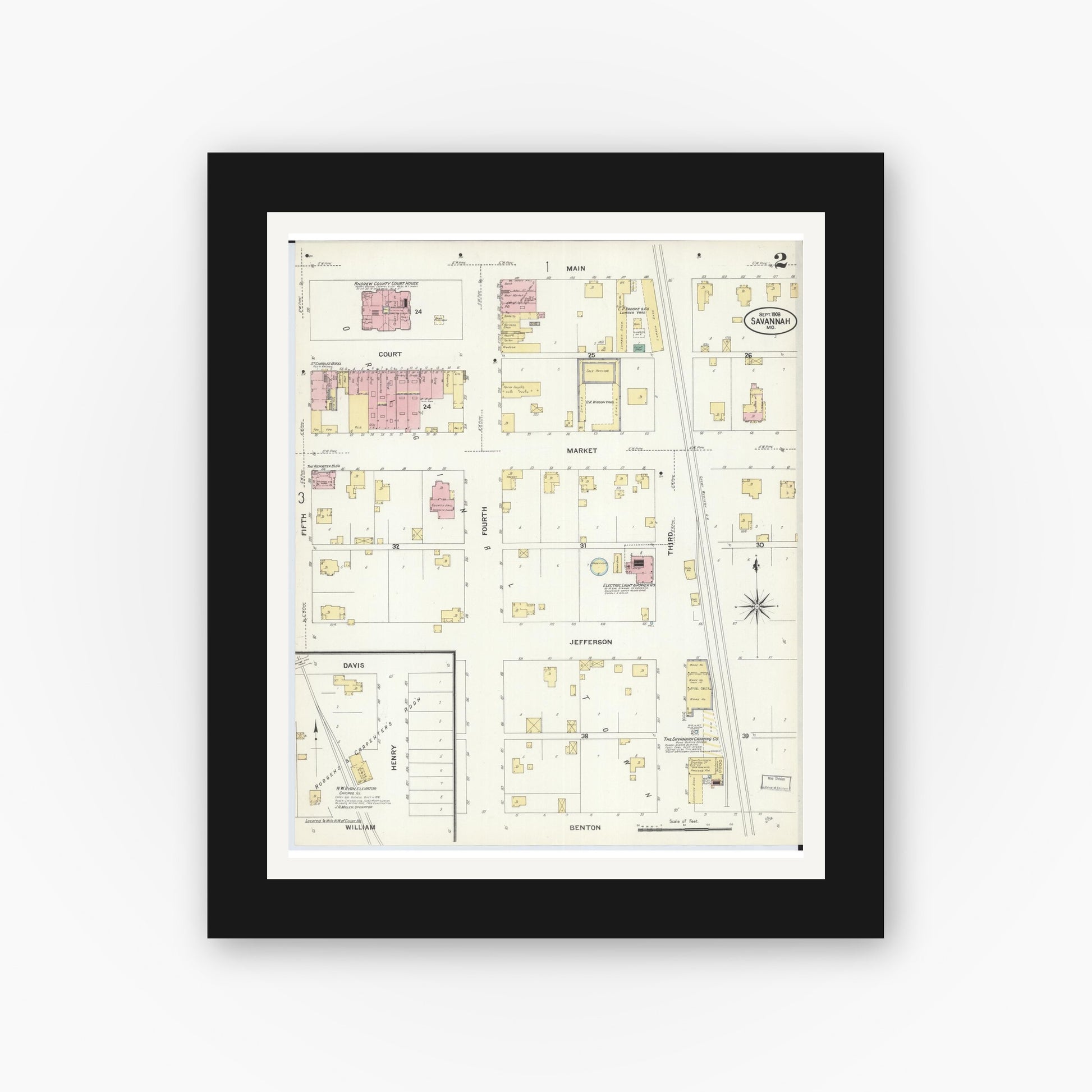 Old map wall art mockup — black gallery frame with white mat — Sanborn Fire Insurance Map from Savannah, Andrew County, Missouri (1908), Sheet #0002