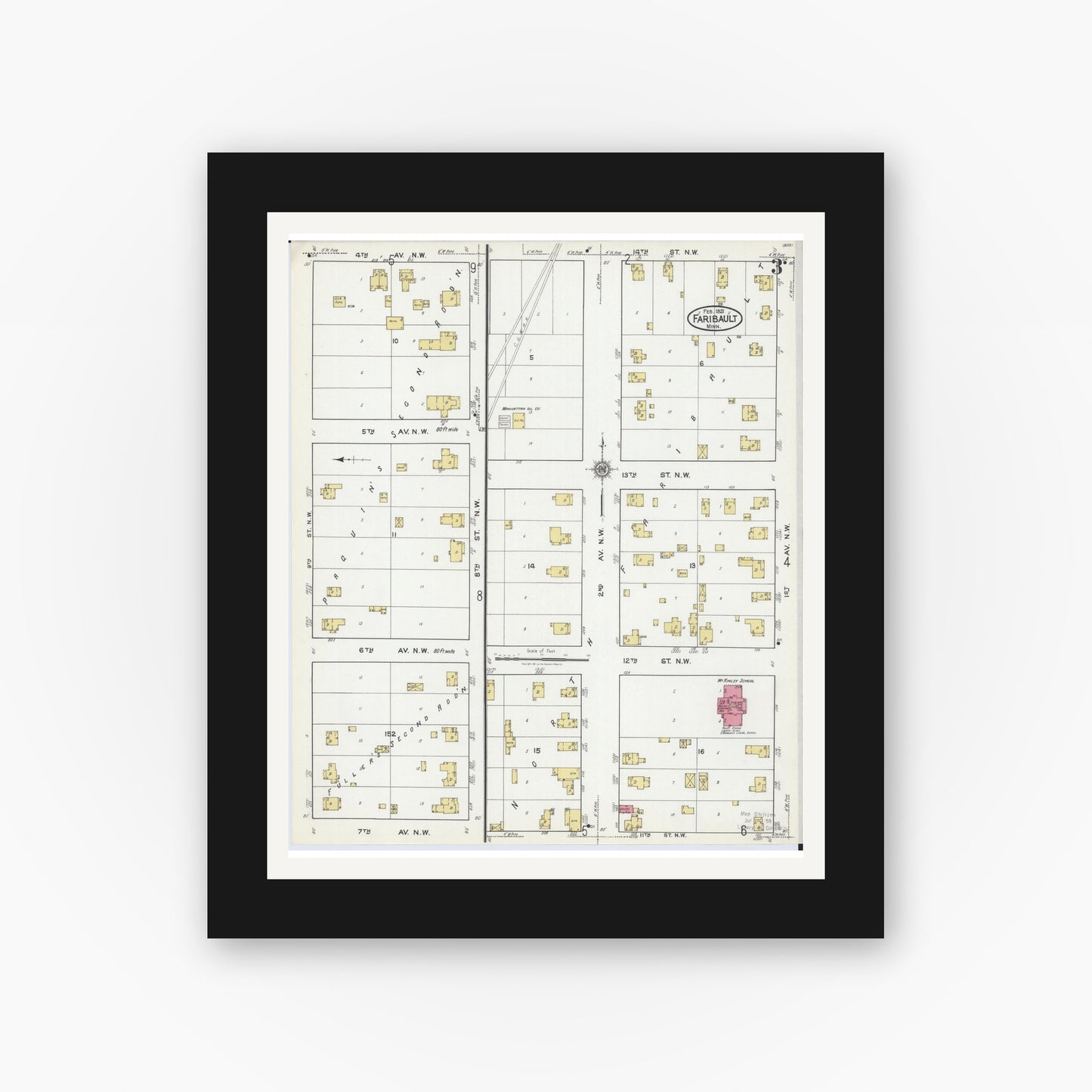 Old map wall art mockup — black gallery frame with white mat — Sanborn Fire Insurance Map from Faribault, Rice County, Minnesota (1921), Sheet #0003