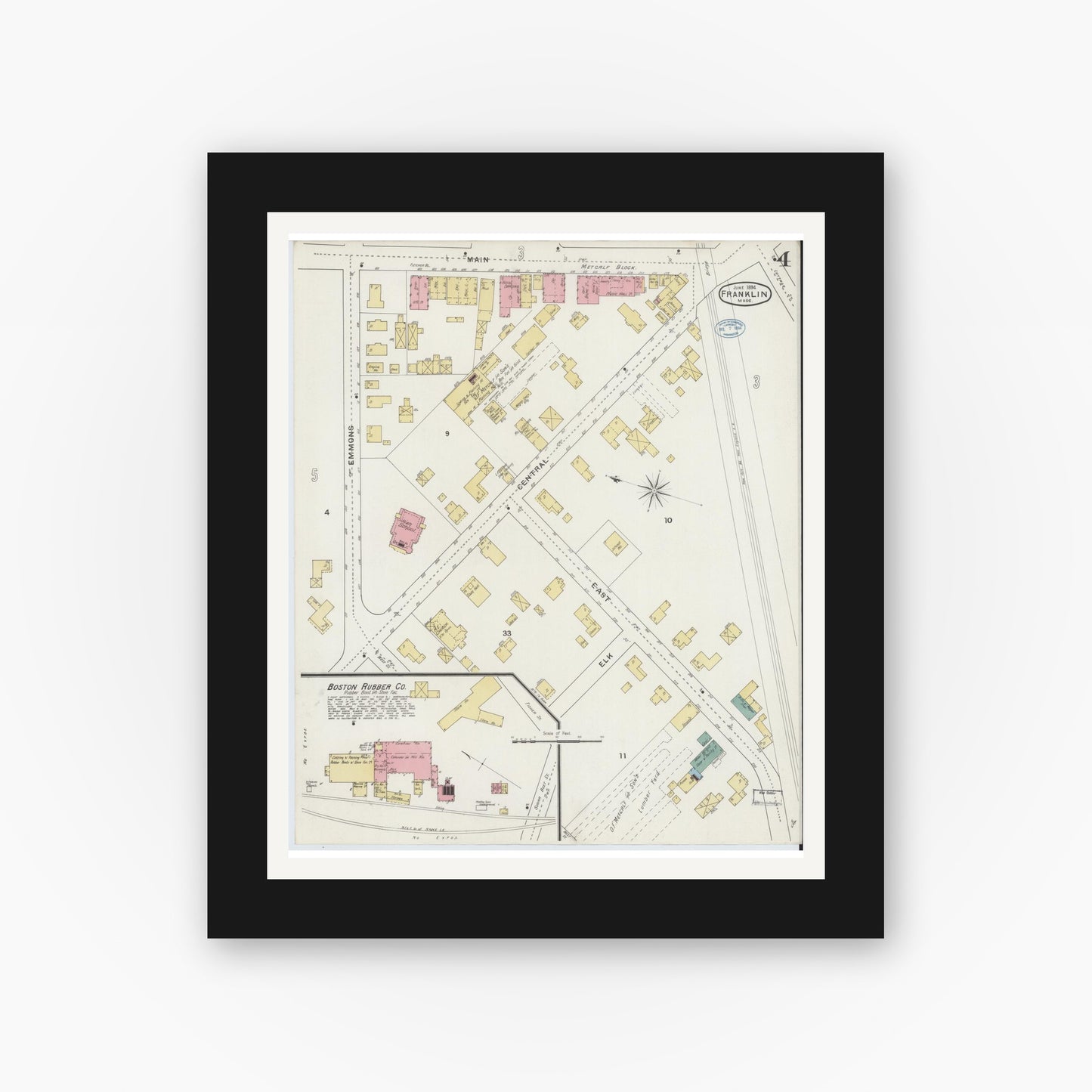 Old map wall art mockup — black gallery frame with white mat — Sanborn Fire Insurance Map from Franklin, Norfolk County, Massachusetts (1894), Sheet #0004