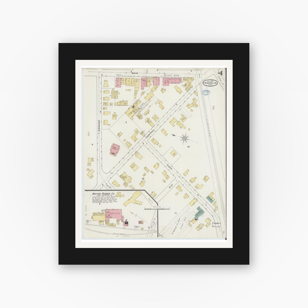 Old map wall art mockup — black gallery frame with white mat — Sanborn Fire Insurance Map from Franklin, Norfolk County, Massachusetts (1894), Sheet #0004