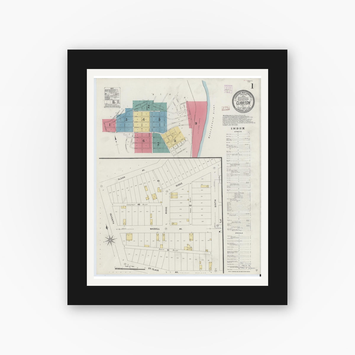 Old map wall art mockup — black gallery frame with white mat — Sanborn Fire Insurance Map from Clairton, Allegheny County, Pennsylvania (1907) - Complete Map Set