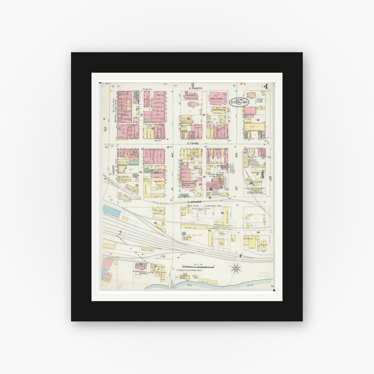 Old map wall art mockup — black gallery frame with white mat — Sanborn Fire Insurance Map from Sterling, Whiteside County, Illinois (1897), Sheet #0004