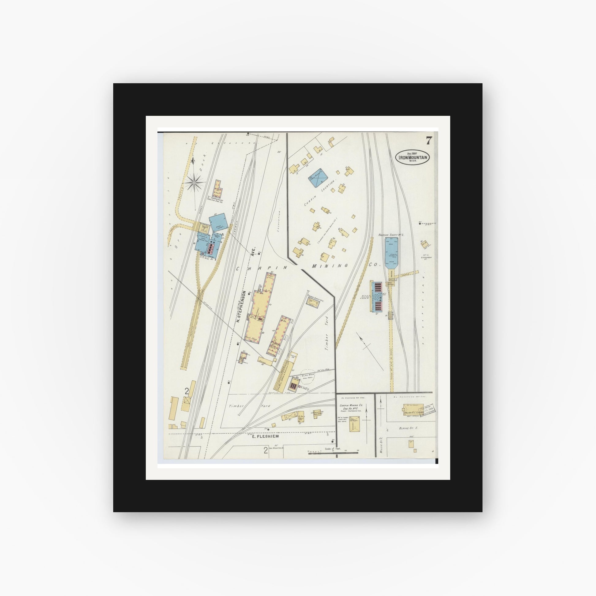 Old map wall art mockup — black gallery frame with white mat — Sanborn Fire Insurance Map from Iron Mountain, Dickinson County, Michigan (1897), Sheet #0007