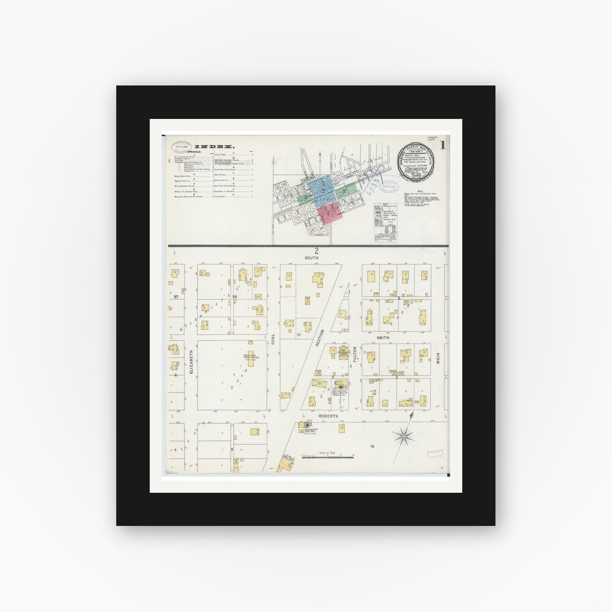 Old map wall art mockup — black gallery frame with white mat — Sanborn Fire Insurance Map from Colchester, Mcdonough County, Illinois (1898) - Complete Map Set