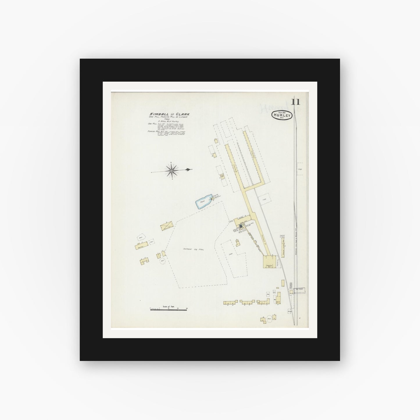 Old map wall art mockup — black gallery frame with white mat — Sanborn Fire Insurance Map from Hurley, Iron County, Wisconsin (1891), Sheet #0011