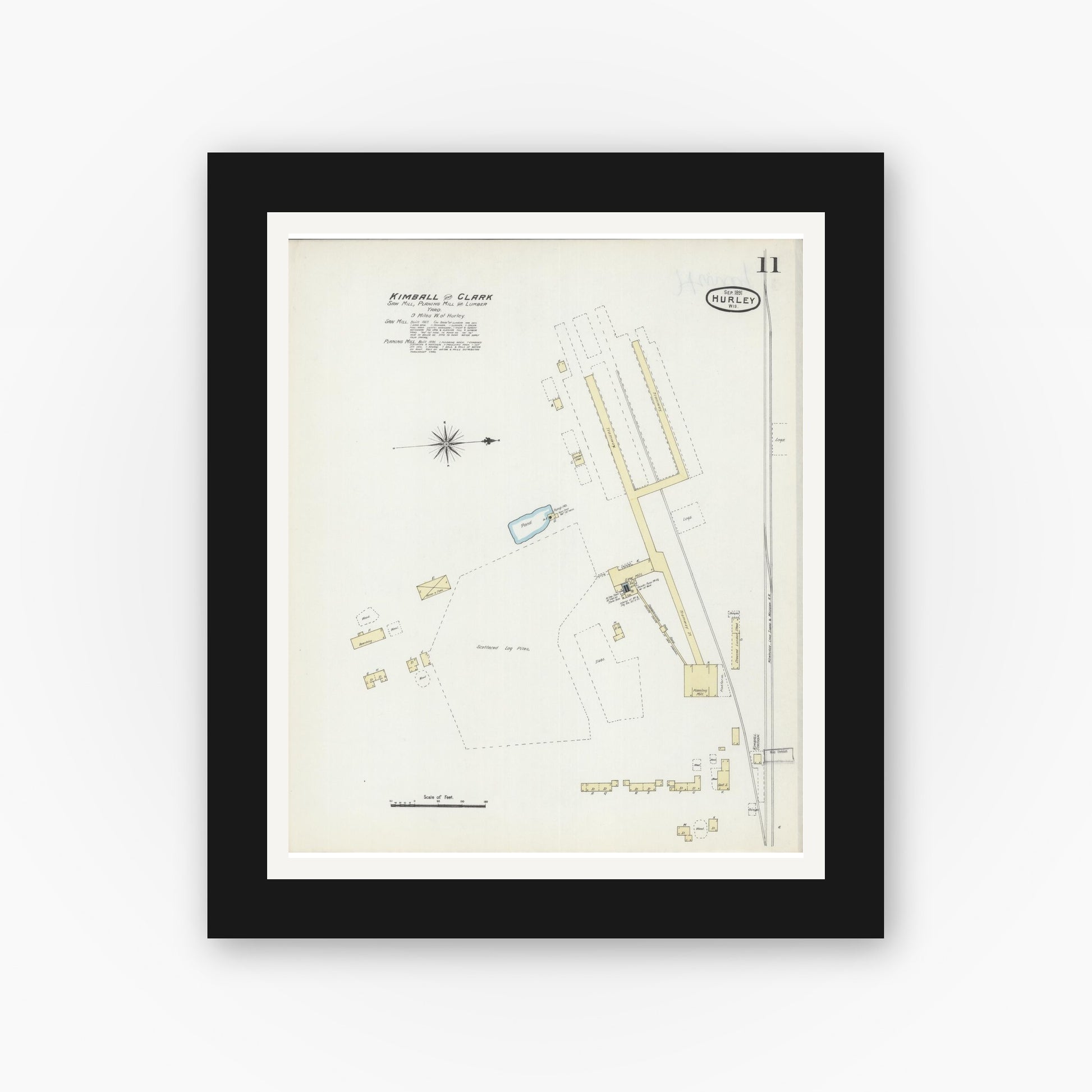 Old map wall art mockup — black gallery frame with white mat — Sanborn Fire Insurance Map from Hurley, Iron County, Wisconsin (1891), Sheet #0011