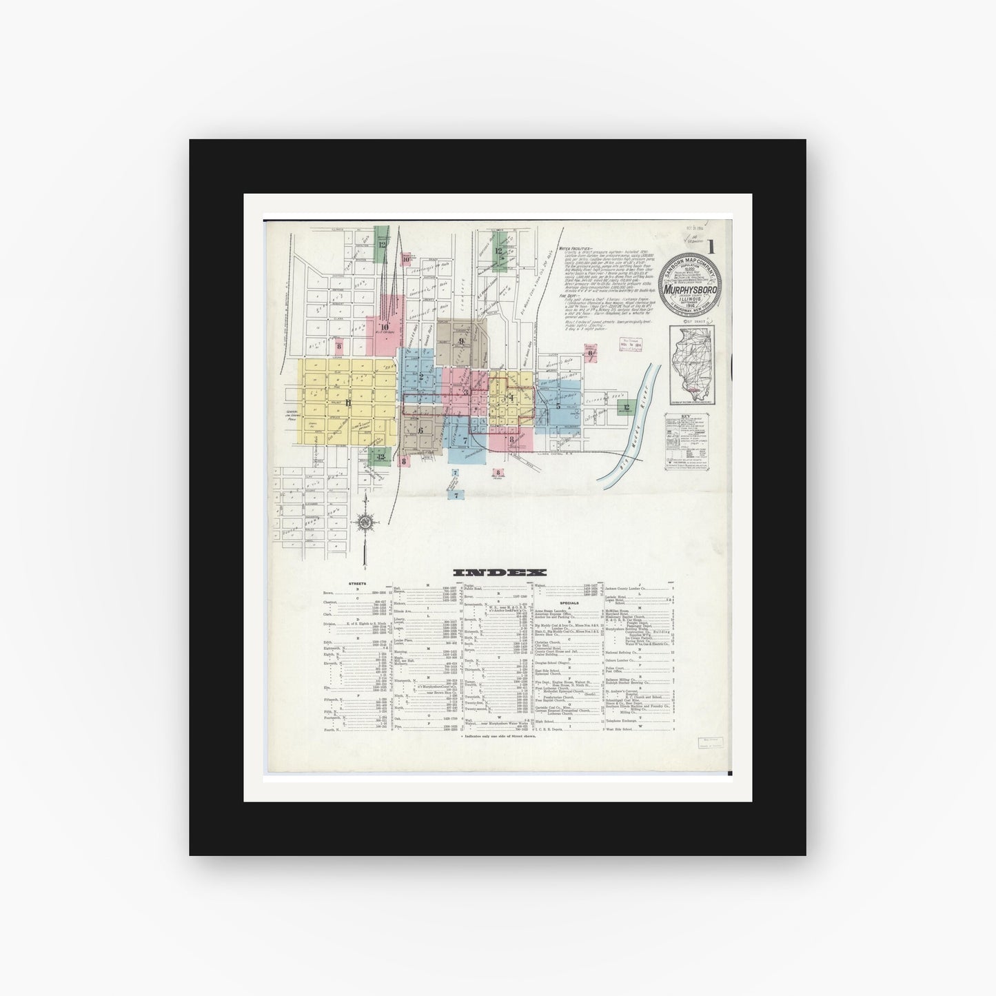 Old map wall art mockup — black gallery frame with white mat — Sanborn Fire Insurance Map from Murphysboro, Jackson County, Illinois (1914), Sheet #0001