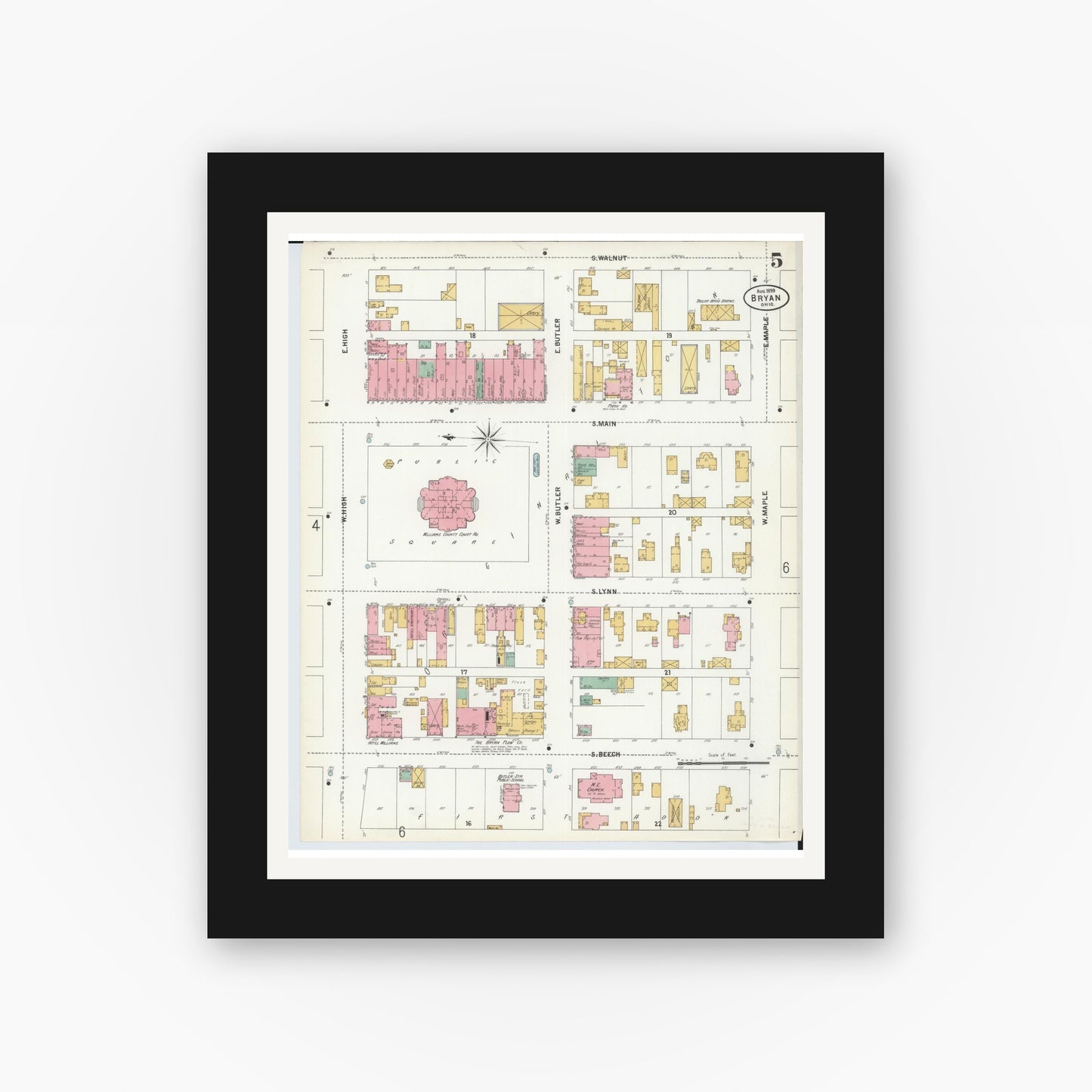 Old map wall art mockup — black gallery frame with white mat — Sanborn Fire Insurance Map from Bryan, Williams County, Ohio (1899), Sheet #0005