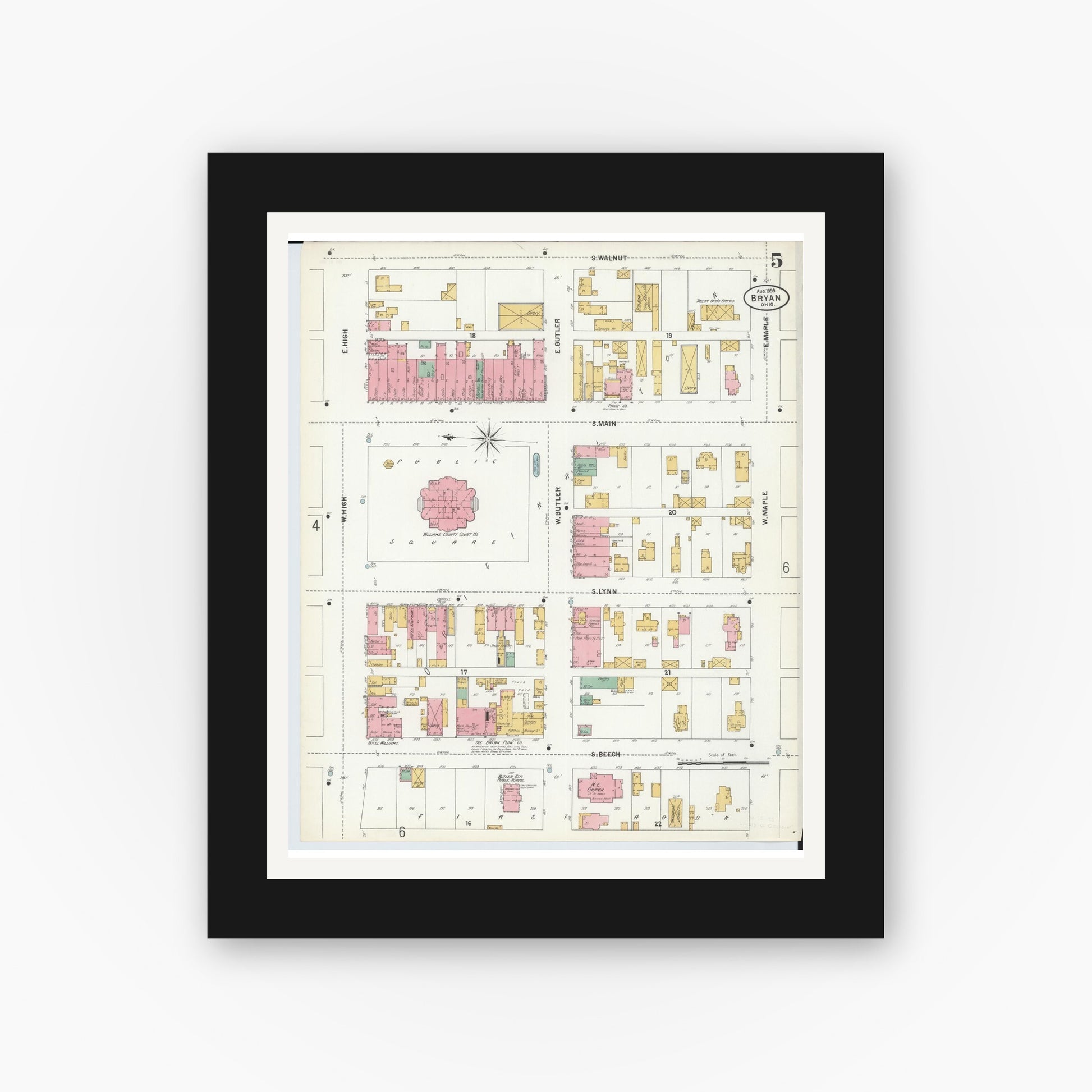 Old map wall art mockup — black gallery frame with white mat — Sanborn Fire Insurance Map from Bryan, Williams County, Ohio (1899), Sheet #0005