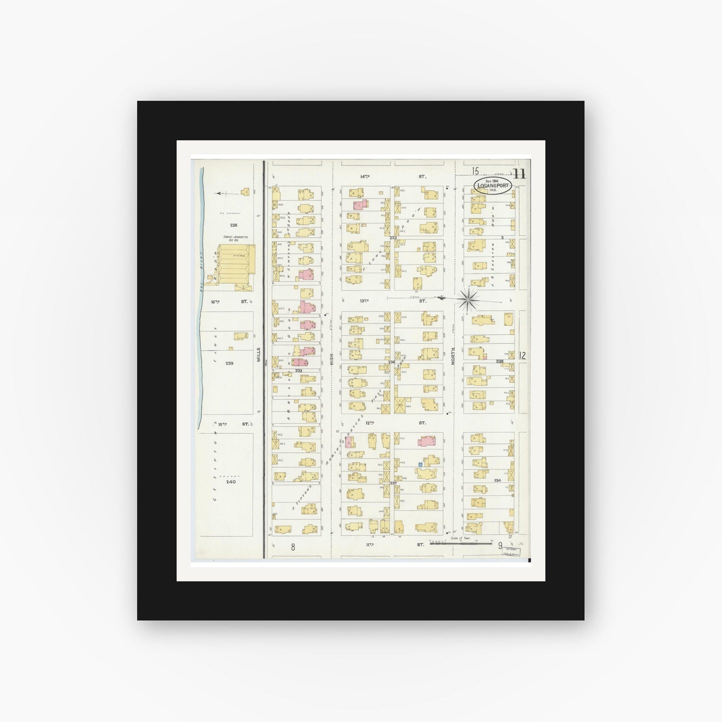 Old map wall art mockup — black gallery frame with white mat — Sanborn Fire Insurance Map from Logansport, Cass County, Indiana (1906), Sheet #0011