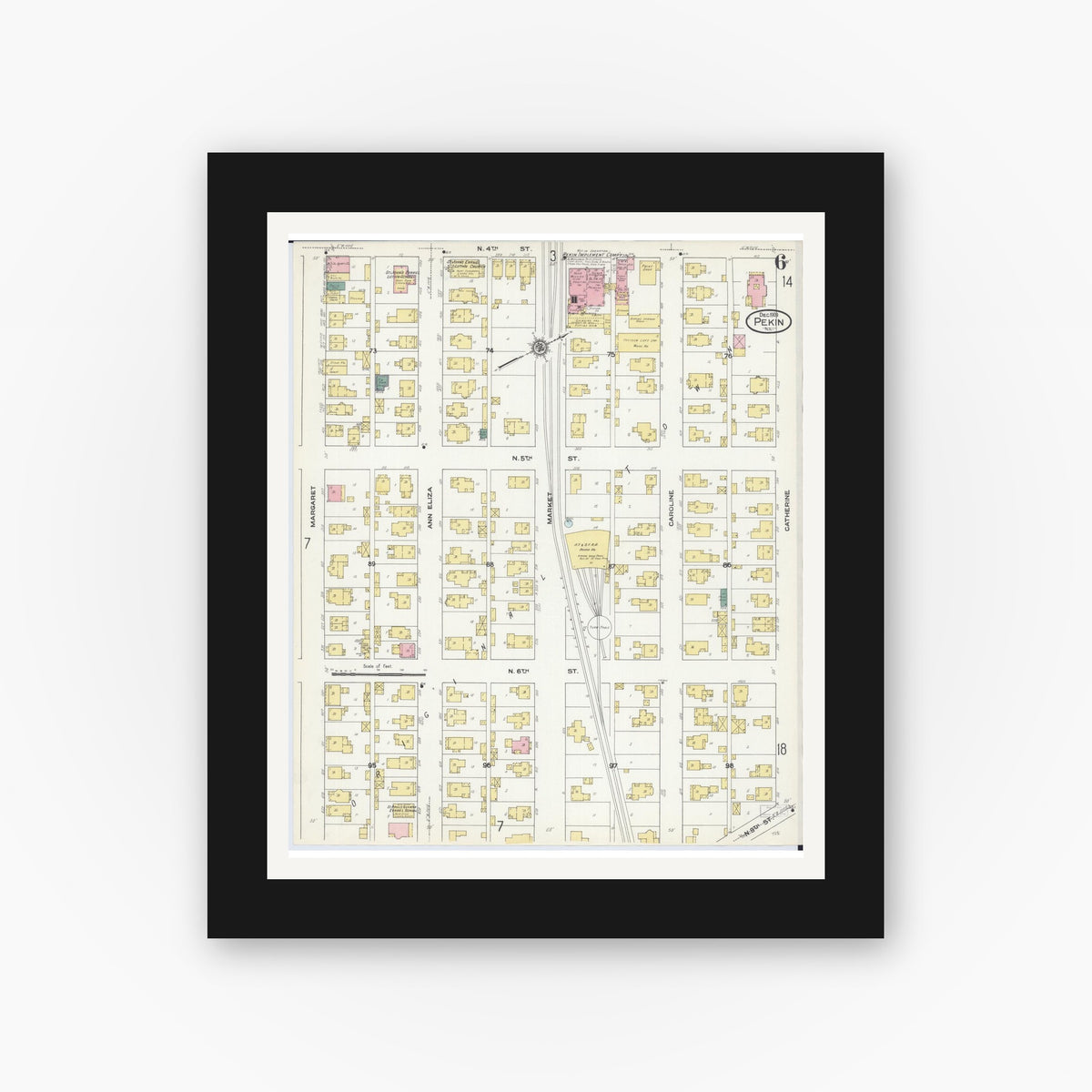 Old map wall art mockup — black gallery frame with white mat — Sanborn Fire Insurance Map from Pekin, Tazewell County, Illinois (1909), Sheet #0006