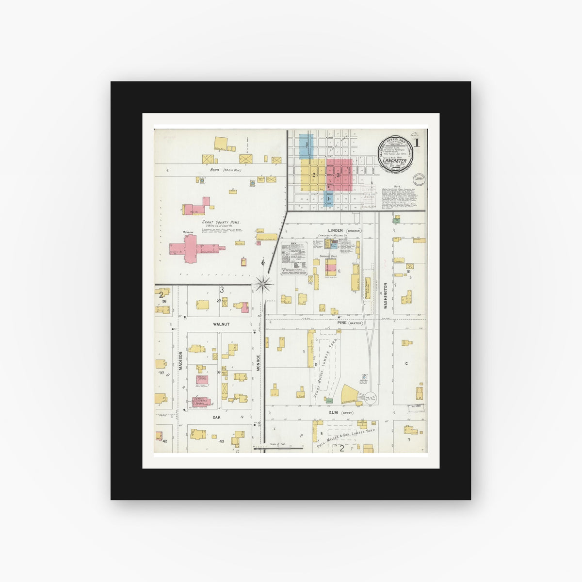 Old map wall art mockup — black gallery frame with white mat — Sanborn Fire Insurance Map from Lancaster, Grant County, Wisconsin (1899) - Complete Map Set