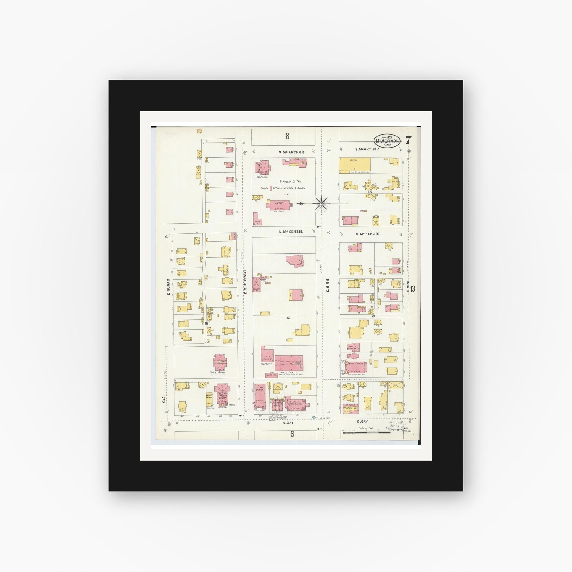 Old map wall art mockup — black gallery frame with white mat — Sanborn Fire Insurance Map from Mount Vernon, Knox County, Ohio (1903), Sheet #0007