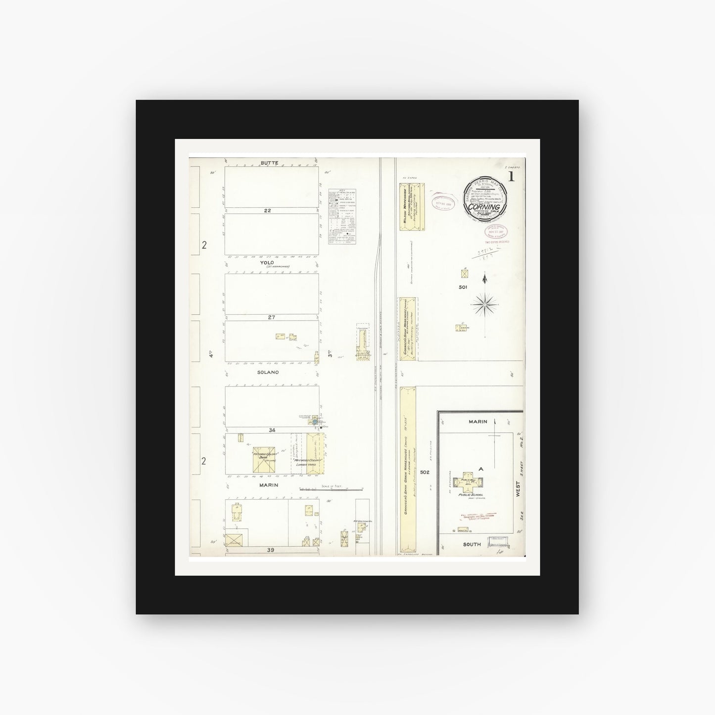 Old map wall art mockup — black gallery frame with white mat — Sanborn Fire Insurance Map from Corning, Tehama County, California (1897) - Complete Map Set