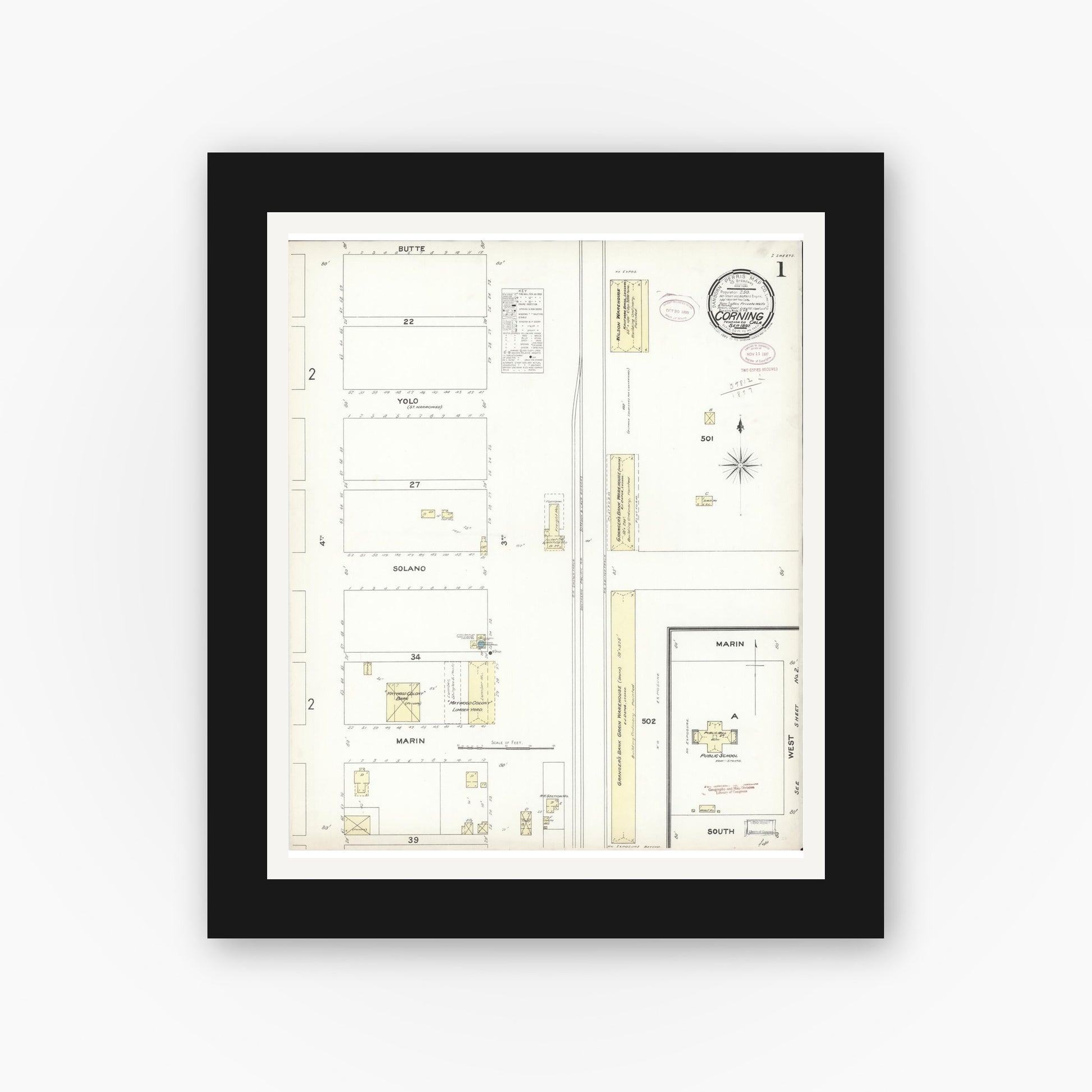 Old map wall art mockup — black gallery frame with white mat — Sanborn Fire Insurance Map from Corning, Tehama County, California (1897) - Complete Map Set