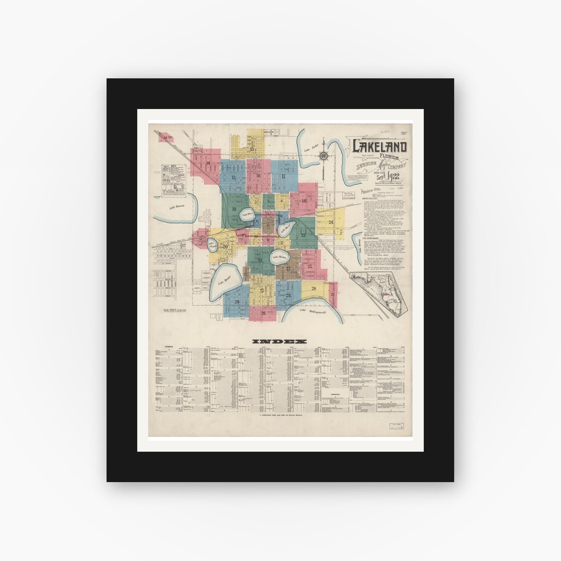 Old map wall art mockup — black gallery frame with white mat — Sanborn Fire Insurance Map from Lakeland, Polk County, Florida (1922) - Complete Map Set