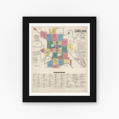 Old map wall art mockup — black gallery frame with white mat — Sanborn Fire Insurance Map from Lakeland, Polk County, Florida (1922) - Complete Map Set