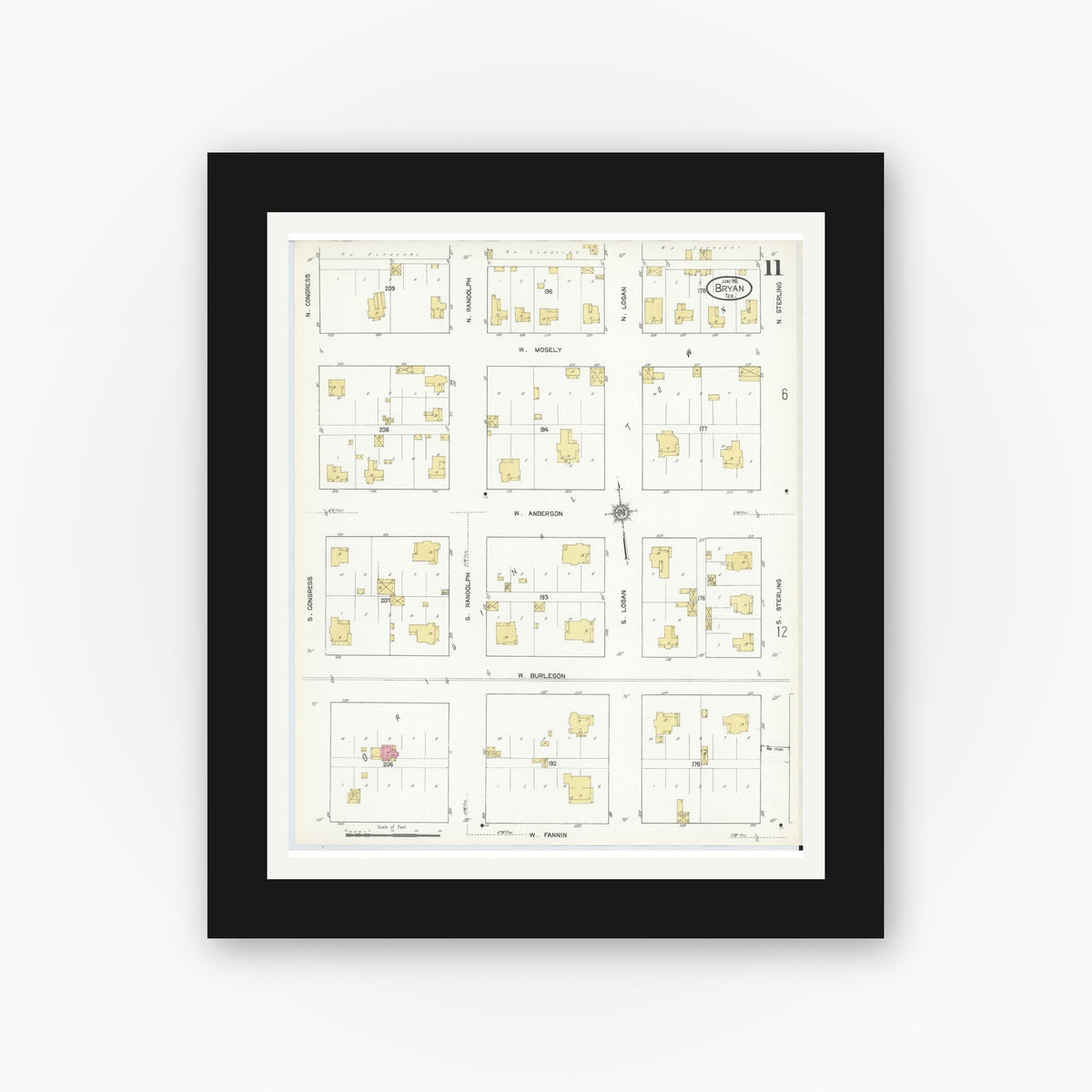 Old map wall art mockup — black gallery frame with white mat — Sanborn Fire Insurance Map from Bryan, Brazos County, Texas (1912), Sheet #0011
