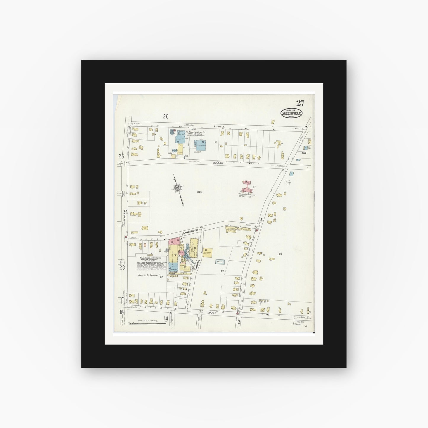 Old map wall art mockup — black gallery frame with white mat — Sanborn Fire Insurance Map from Greenfield, Franklin County, Massachusetts (1914), Sheet #0027