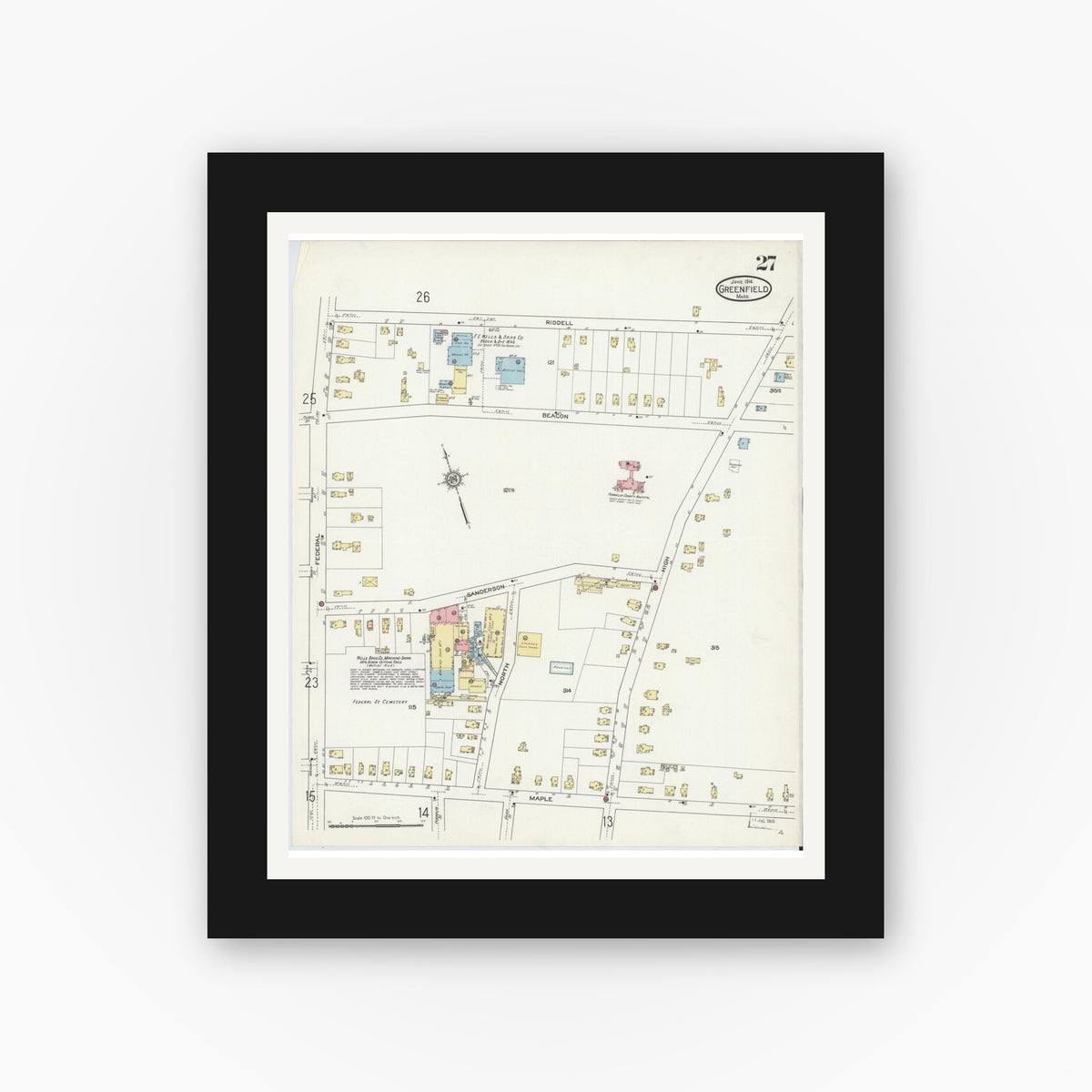 Old map wall art mockup — black gallery frame with white mat — Sanborn Fire Insurance Map from Greenfield, Franklin County, Massachusetts (1914), Sheet #0027