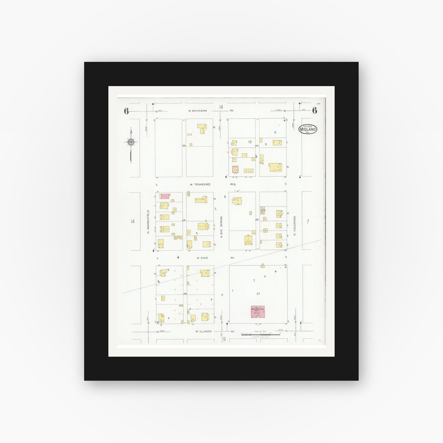 Old map wall art mockup — black gallery frame with white mat — Sanborn Fire Insurance Map from Midland, Midland County, Texas (1929), Sheet #0006