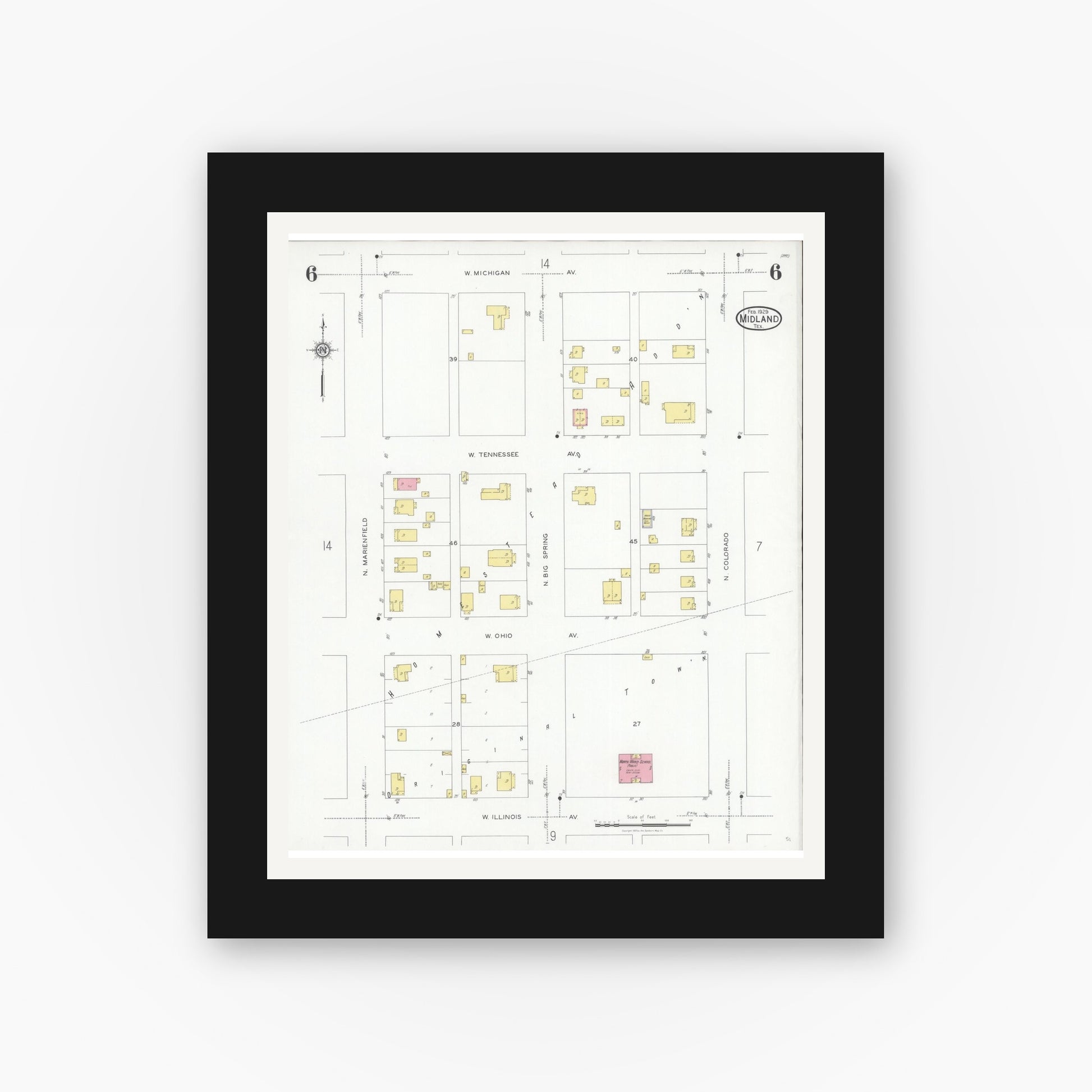 Old map wall art mockup — black gallery frame with white mat — Sanborn Fire Insurance Map from Midland, Midland County, Texas (1929), Sheet #0006