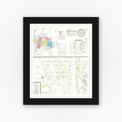 Old map wall art mockup — black gallery frame with white mat — Sanborn Fire Insurance Map from Sheldon, O'Brien County, Iowa (1933), Sheet #0001