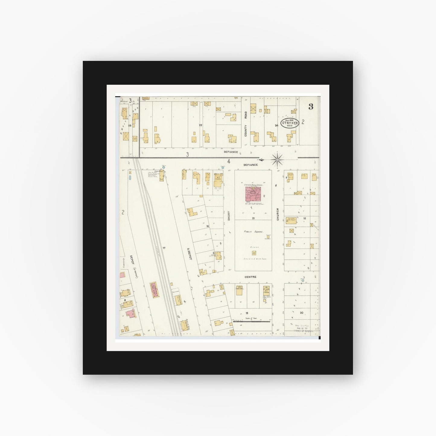 Old map wall art mockup — black gallery frame with white mat — Sanborn Fire Insurance Map from Stryker, Williams County, Ohio (1905), Sheet #0003