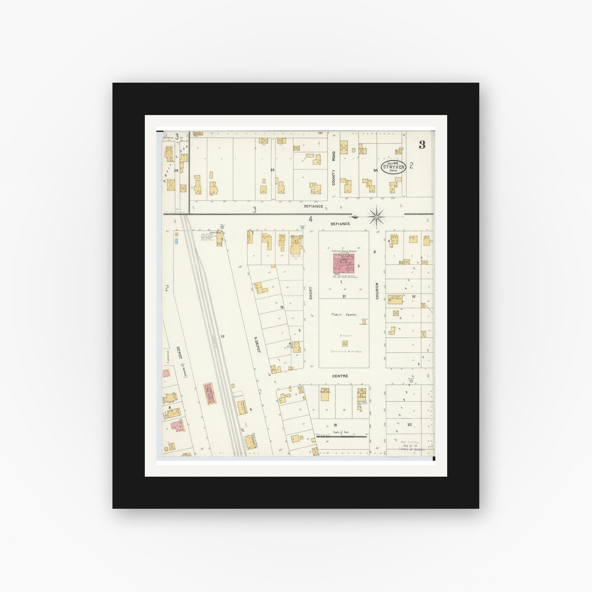Old map wall art mockup — black gallery frame with white mat — Sanborn Fire Insurance Map from Stryker, Williams County, Ohio (1905), Sheet #0003