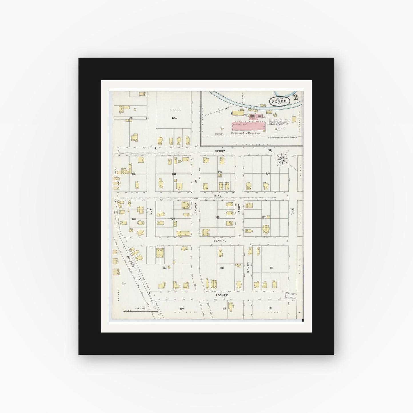 Old map wall art mockup — black gallery frame with white mat — Sanborn Fire Insurance Map from Dover, Morris County, New Jersey (1896), Sheet #0002