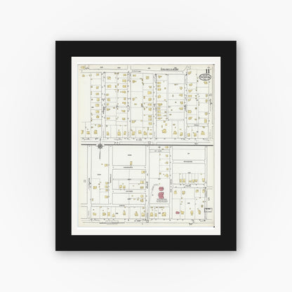 Old map wall art mockup — black gallery frame with white mat — Sanborn Fire Insurance Map from Denton, Denton County, Texas (1921), Sheet #0011