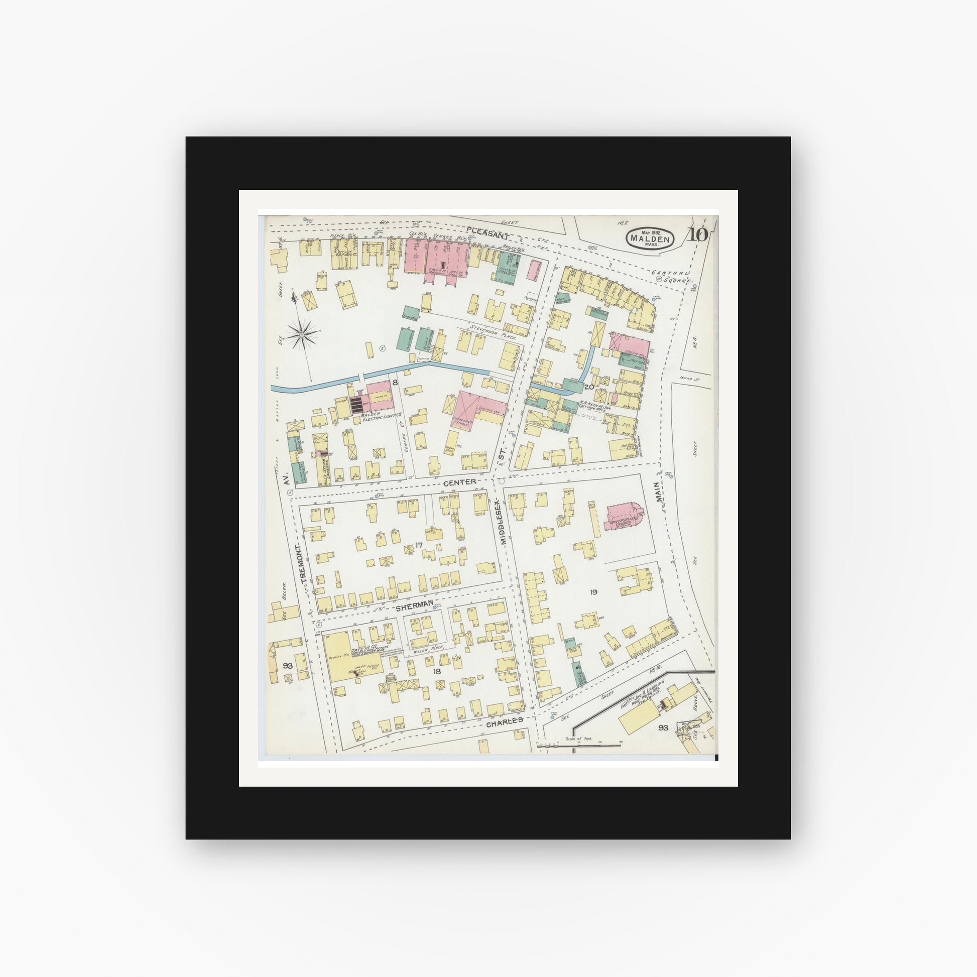 Old map wall art mockup — black gallery frame with white mat — Sanborn Fire Insurance Map from Malden, Middlesex County, Massachusetts (1892), Sheet #0010