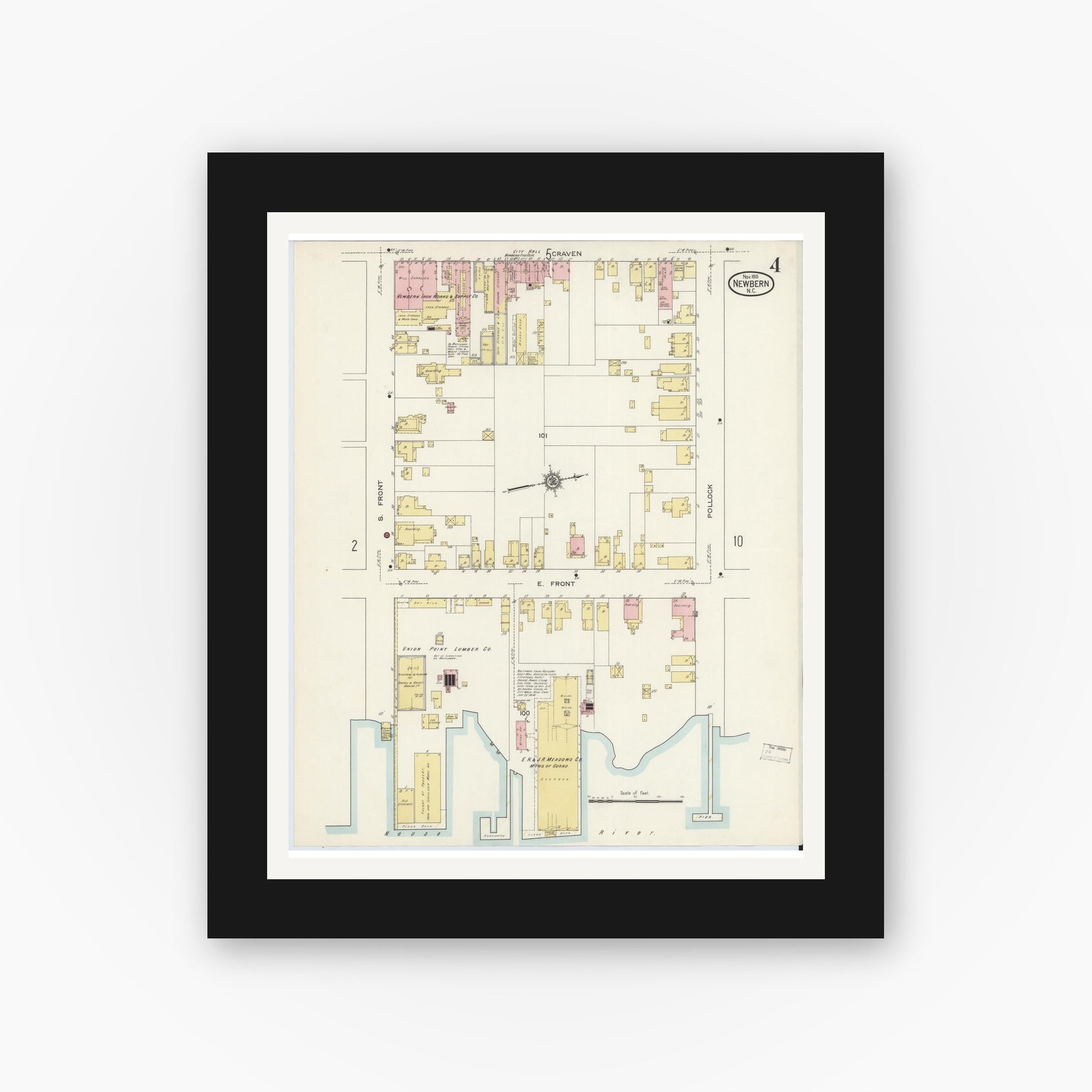 Old map wall art mockup — black gallery frame with white mat — Sanborn Fire Insurance Map from New Bern, Craven County, North Carolina (1913), Sheet #0004