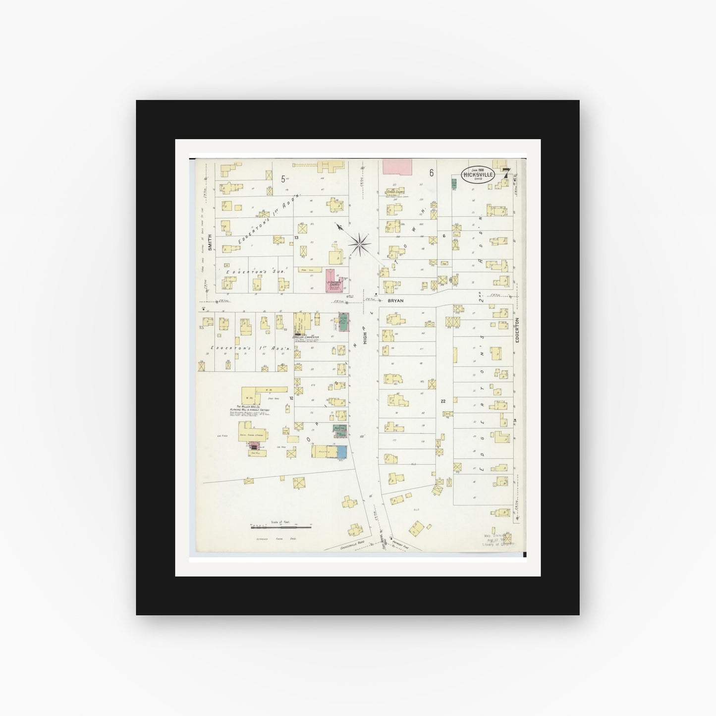 Old map wall art mockup — black gallery frame with white mat — Sanborn Fire Insurance Map from Hicksville, Defiance County, Ohio (1908), Sheet #0007