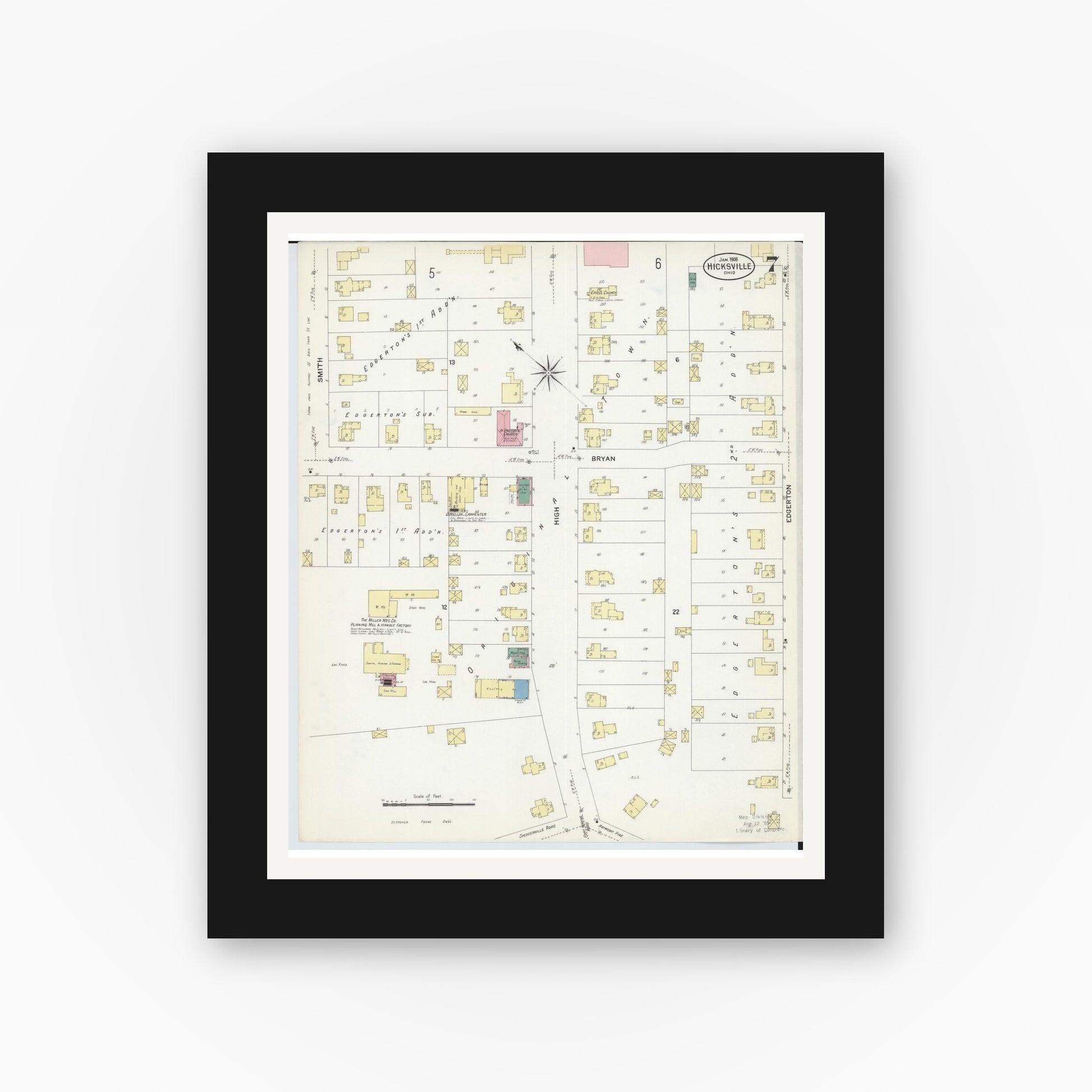 Old map wall art mockup — black gallery frame with white mat — Sanborn Fire Insurance Map from Hicksville, Defiance County, Ohio (1908), Sheet #0007