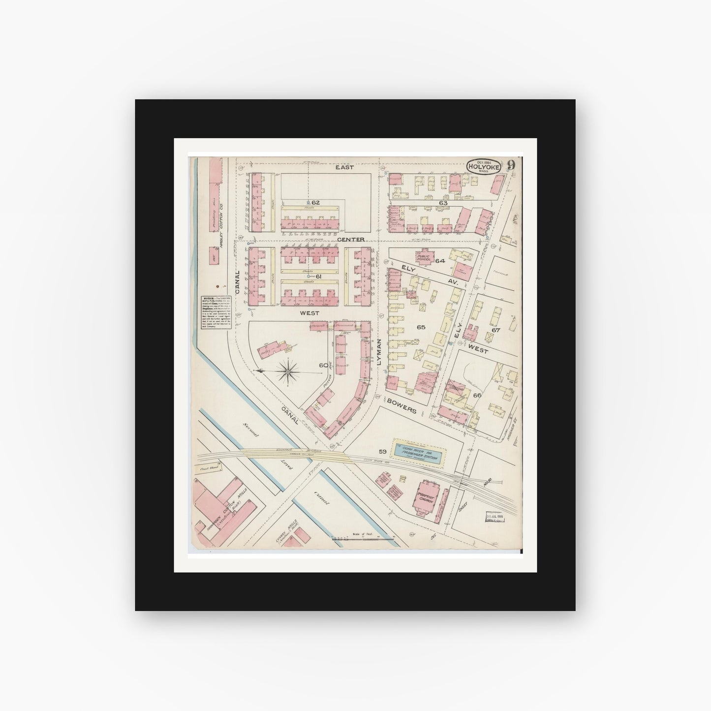 Old map wall art mockup — black gallery frame with white mat — Sanborn Fire Insurance Map from Holyoke, Hampden County, Massachusetts (1884), Sheet #0009