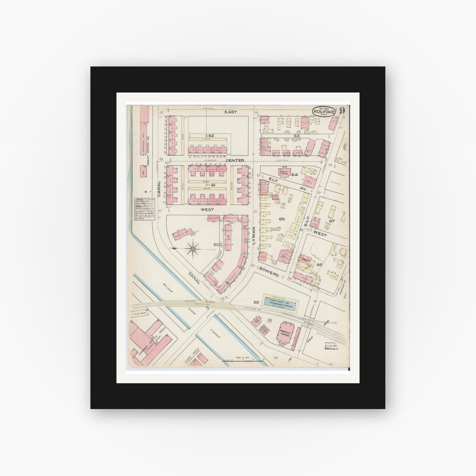 Old map wall art mockup — black gallery frame with white mat — Sanborn Fire Insurance Map from Holyoke, Hampden County, Massachusetts (1884), Sheet #0009