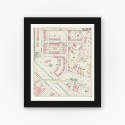 Old map wall art mockup — black gallery frame with white mat — Sanborn Fire Insurance Map from Holyoke, Hampden County, Massachusetts (1884), Sheet #0009