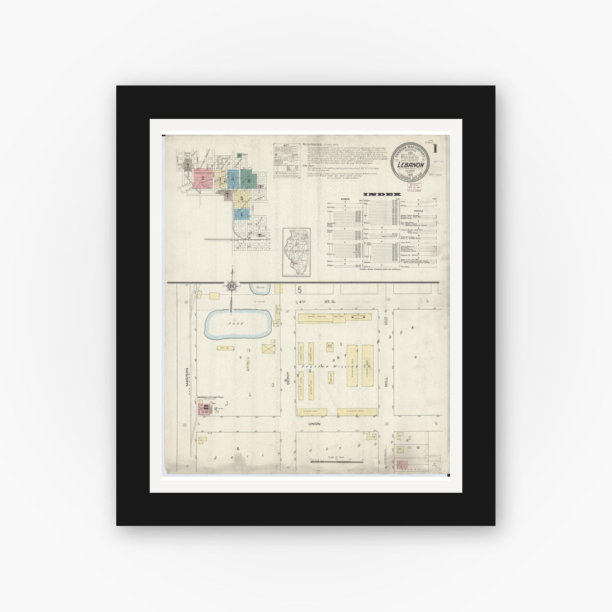 Old map wall art mockup — black gallery frame with white mat — Sanborn Fire Insurance Map from Lebanon, Saint Clair County, Illinois (1914) - Complete Map Set
