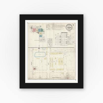 Old map wall art mockup — black gallery frame with white mat — Sanborn Fire Insurance Map from Lebanon, Saint Clair County, Illinois (1914) - Complete Map Set