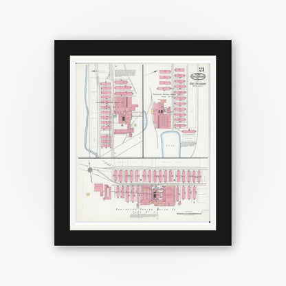 Old map wall art mockup — black gallery frame with white mat — Sanborn Fire Insurance Map from Galesburg, Knox County, Illinois (1918), Sheet #0021