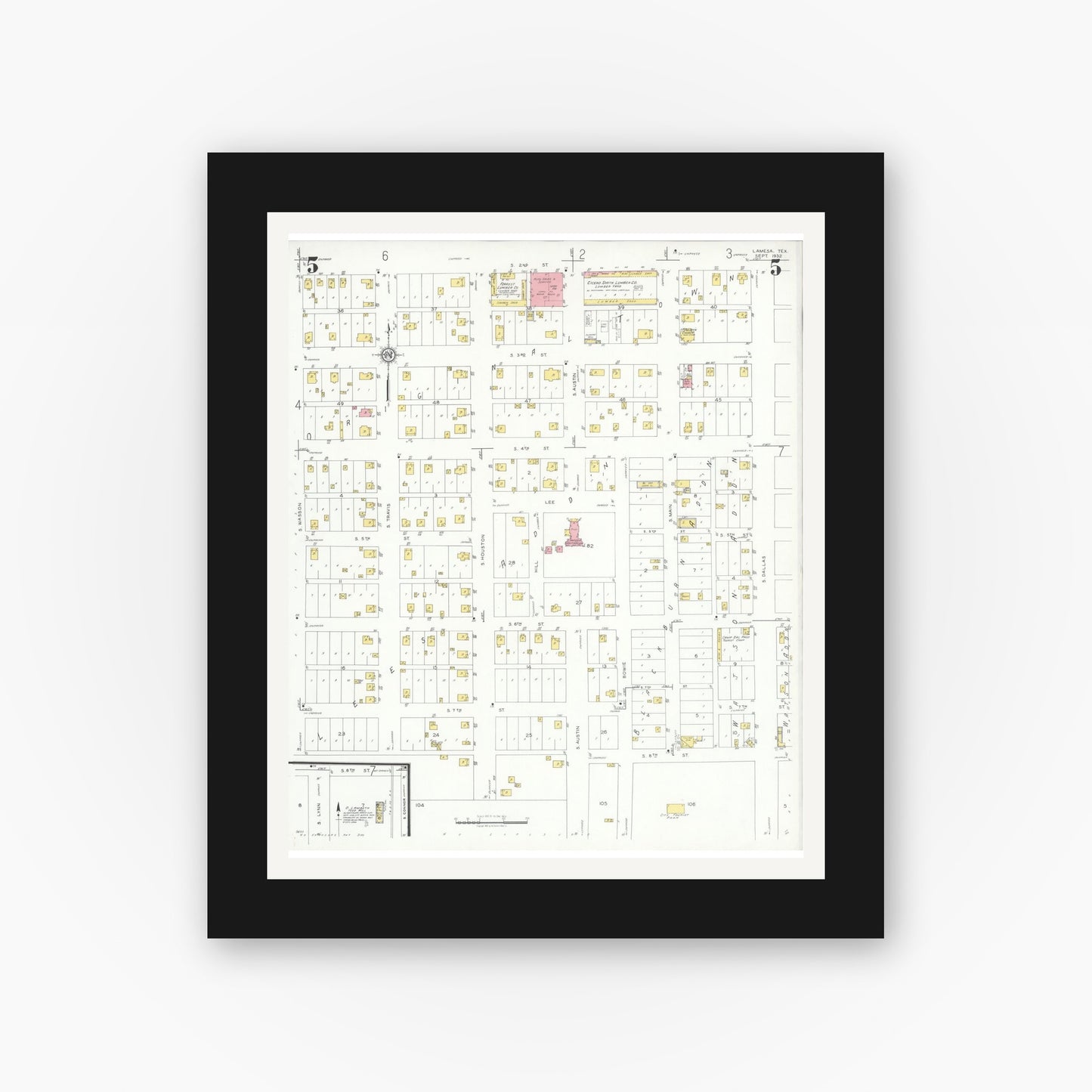 Old map wall art mockup — black gallery frame with white mat — Sanborn Fire Insurance Map from Lamesa, Dawson County, Texas (1932), Sheet #0005