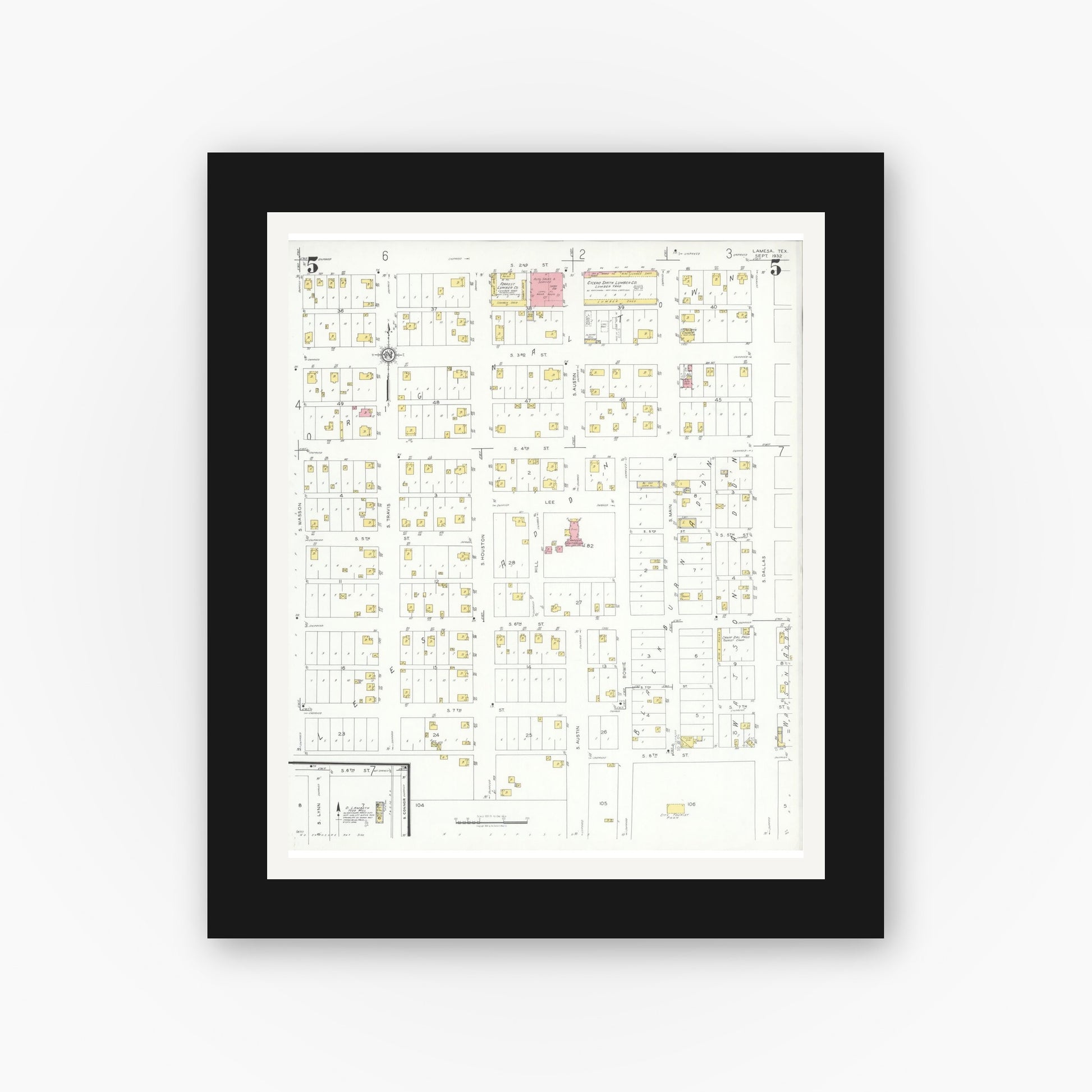 Old map wall art mockup — black gallery frame with white mat — Sanborn Fire Insurance Map from Lamesa, Dawson County, Texas (1932), Sheet #0005